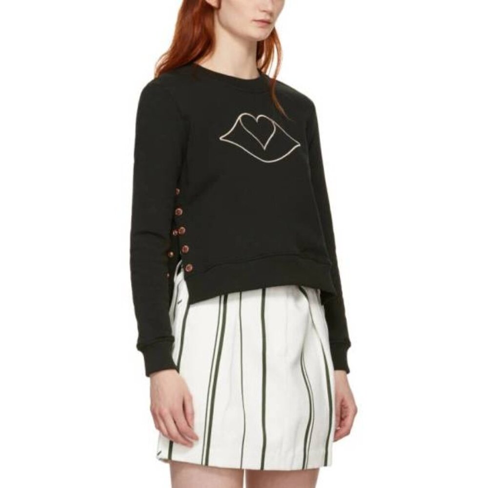 See by Chloe Pastel Heart Button Side Black Crewneck